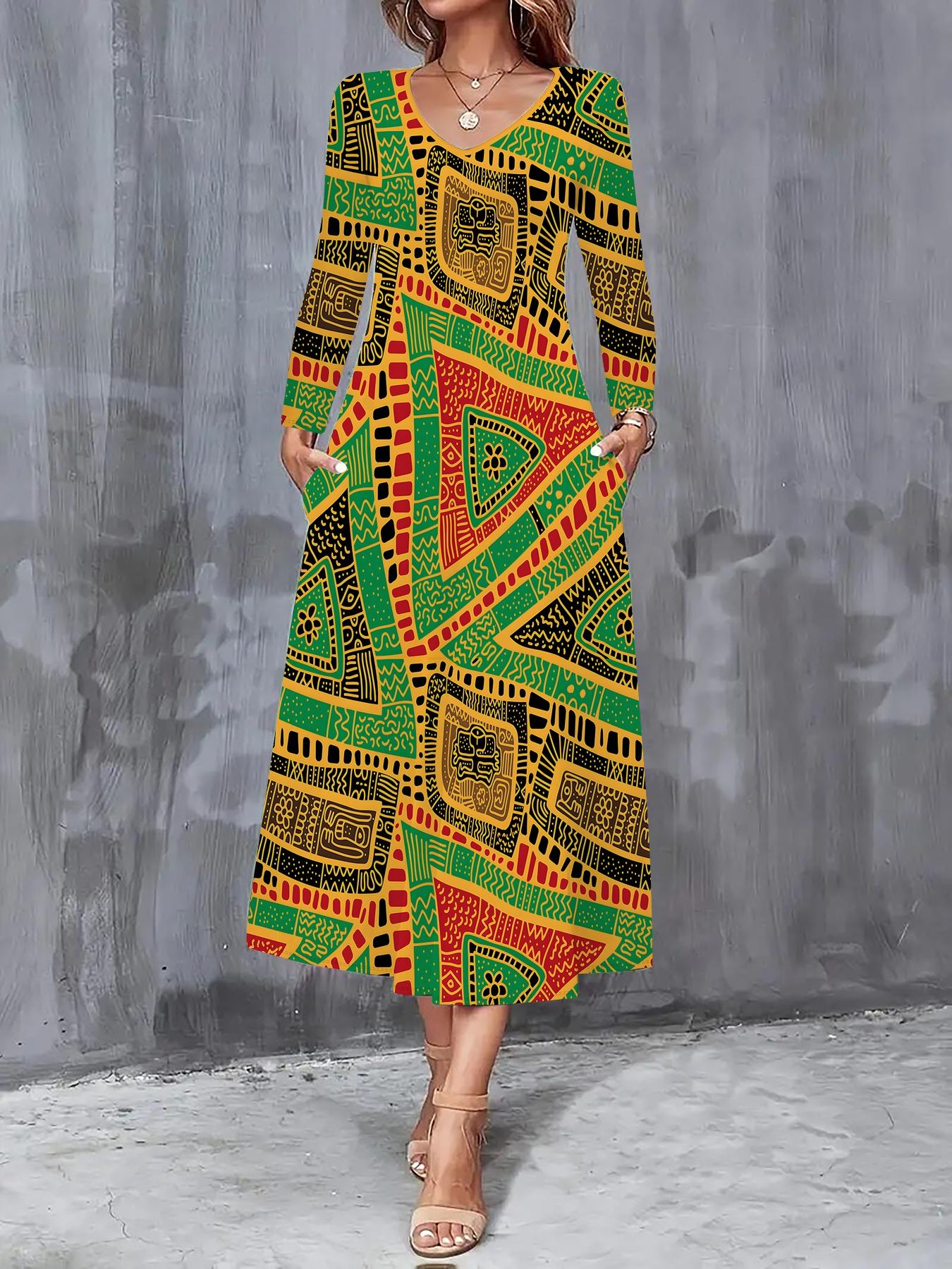 

2025 Осень и Зима Новое Женское Повседневное Модное Платье Осень 3D Ретро Принт Длинный Рукав V-образный вырез A-силуэт Платья XXL зелёный