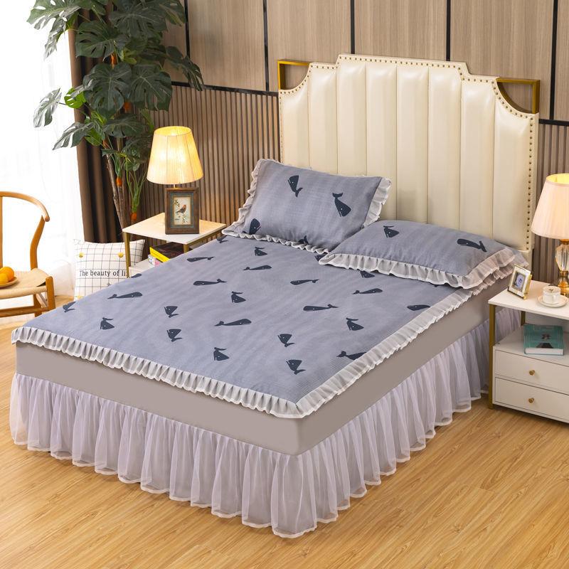 Summer Bed Skirt Ice Silk Summer Mat Water Machine Washable Folding Bed Cover Single Double Air Conditioning Soft Mat Three-Piece Set