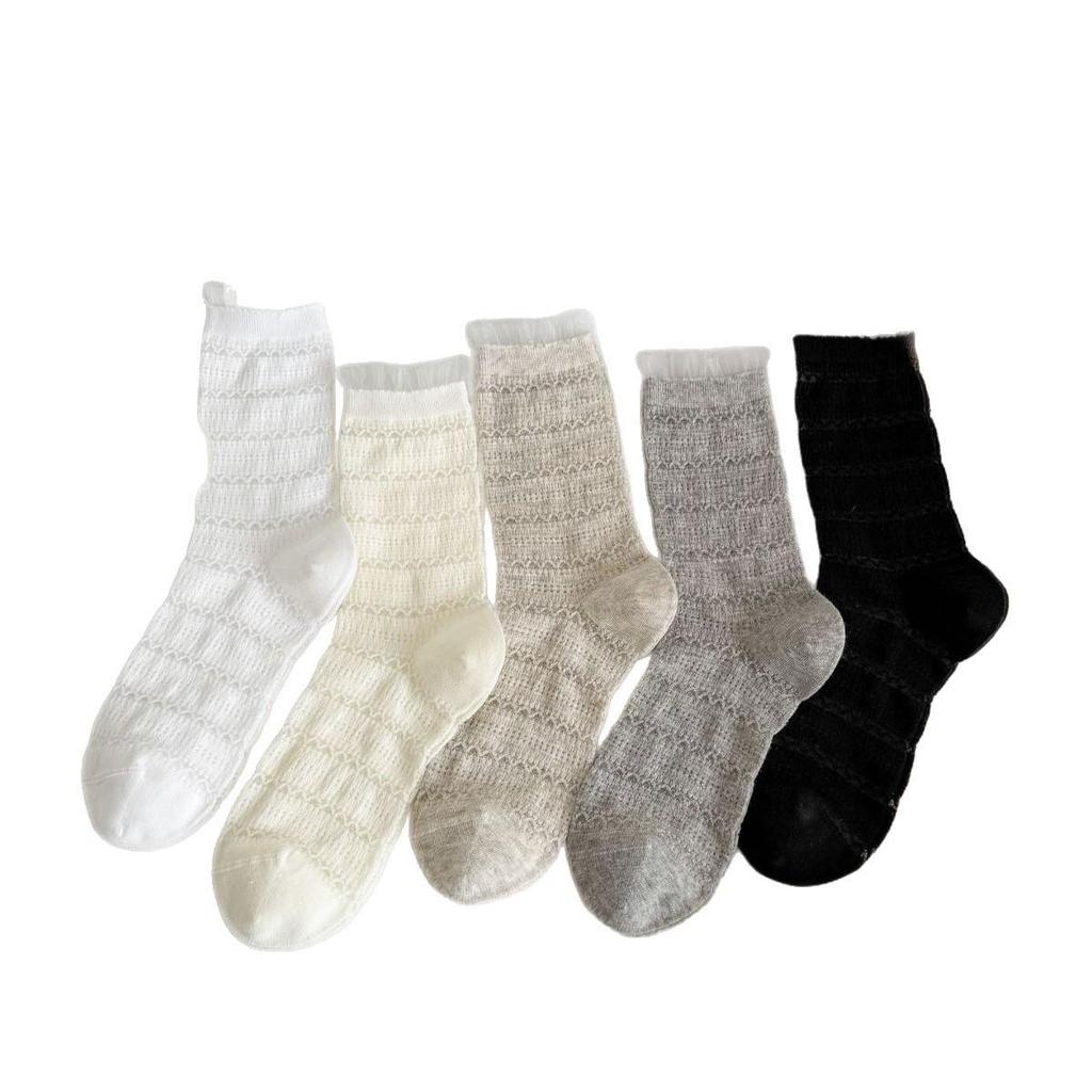 Women's Japanese-Style Lace Trim Mulberry Silk Socks - Sweet, Thin, Mid-Calf, Seamless, Hollow Design for Spring/Summer.