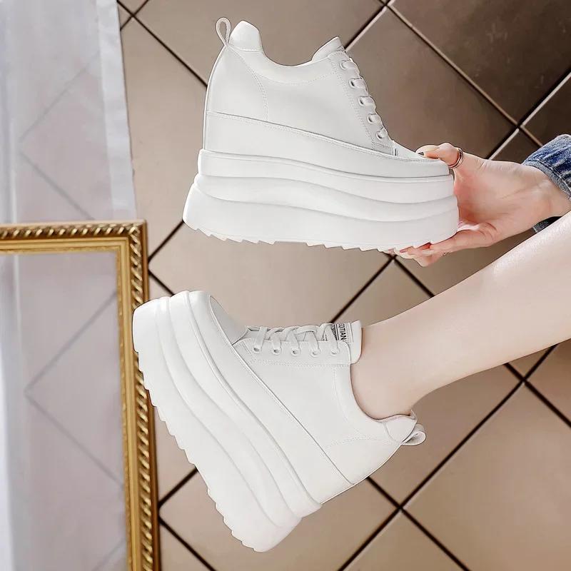 Top Quality 13cm Genuine Leather Platform Wedge Flats Shoes Chunky Sneaker Casual Comfy High Brand Spring Autumn Vulcanize Shoes