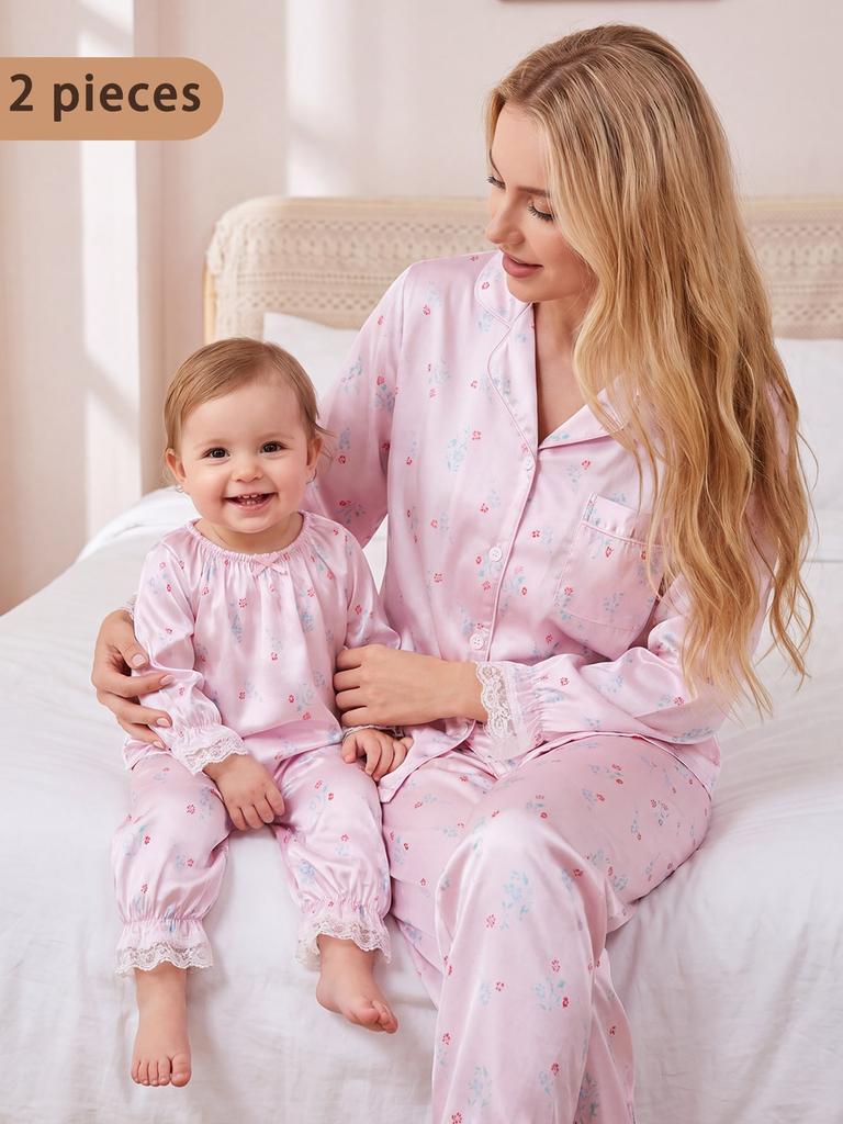 Toddler Girls Satin Pajama Set, Floral Print Long Sleeve Lace Trim Sleepwear, Silky Loungewear,6M-3T Baby Girls Pjs For Sleeping And Lounging