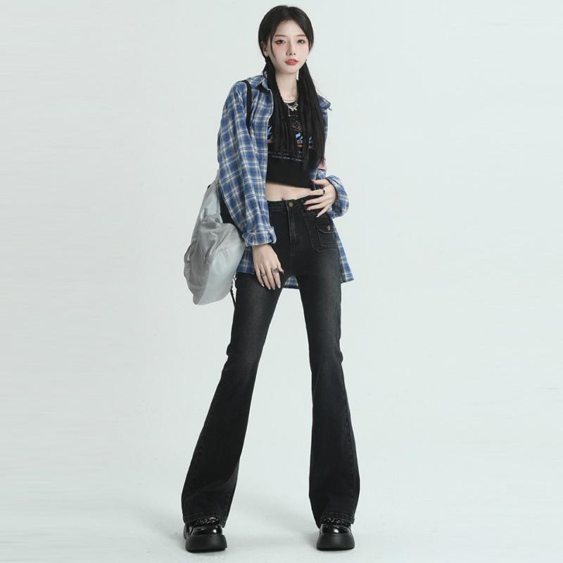 Retro Cargo Jeans for Women Slim Fit Flared Pants Stretch High Waist Denim Trousers Fashion Streetwear Y2k Female Clothing