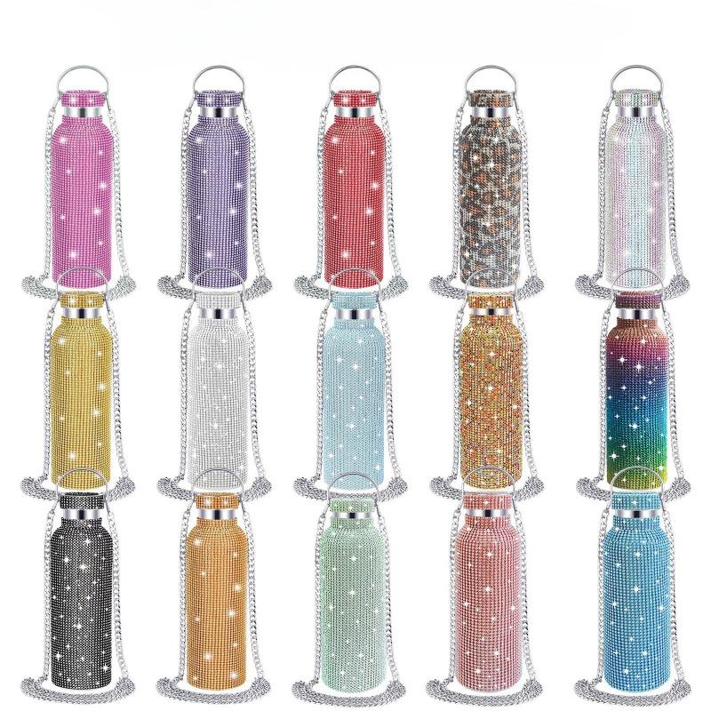 Borraccia Termica Acciaio Inossidabile Brillante Borchiata con Diamanti Festa alla Moda Catena a Tracolla Staccabile Regalo per Donna