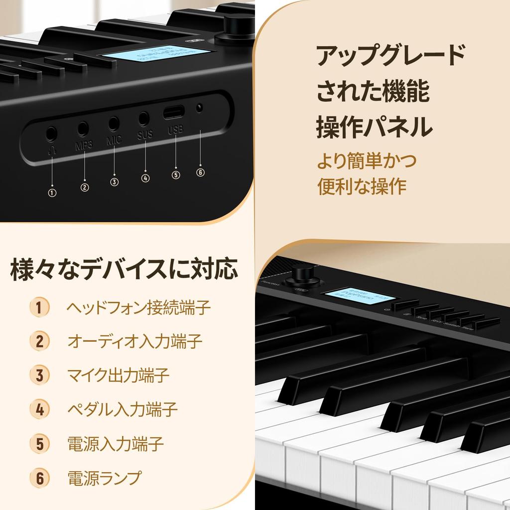 TERENCE V30 Digital 88 5W Dual MIDI with Pedal and and Portable for and Includes Japanese Instruction Black Piano, Keys, Foldable, Touch-Response