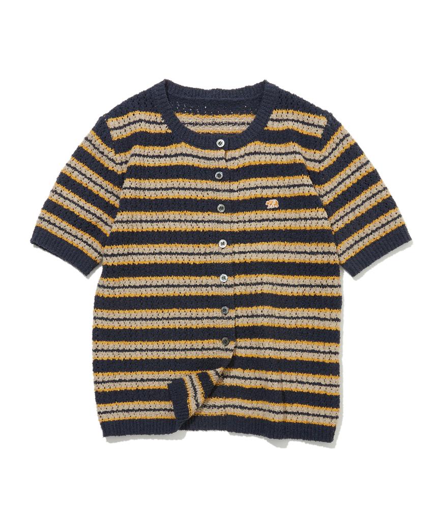 PENFIELD Striped Round Neck Boucle Ribbed Women'S Short Sleeve Cardigan Navy_Fs2Nj03F