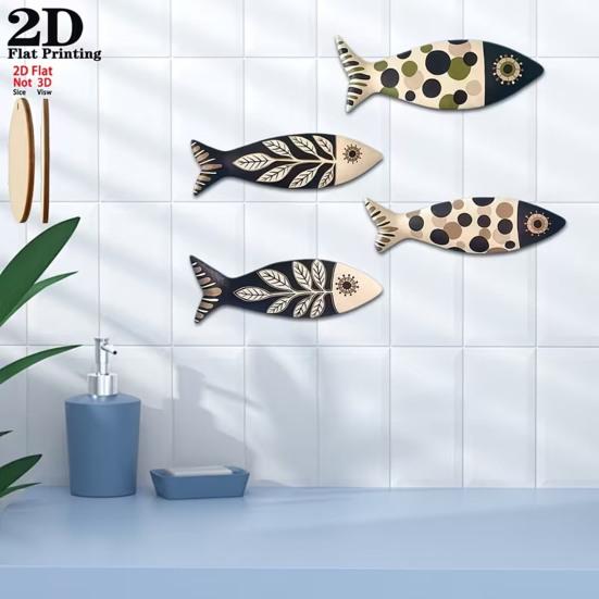 4Pcs Wooden Fish Wall Decor, Rustic Farmhouse Ocean Fish Wall Art, Vintage Beach Nautical Coastal Theme Fish Decor for Home Lake Ocean Bathroom