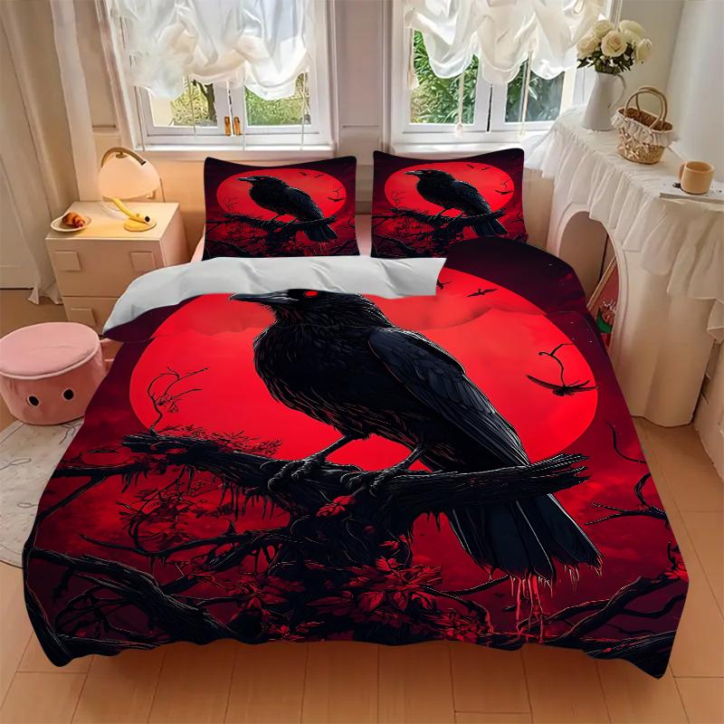 3Pcs Crows Blood Moon Bedding Set Soft Fabric Duvet Cover Pillowcases Home Christmas Xmas Halloween Gift 1 Duvet Cover 2 Pillowcase G1262