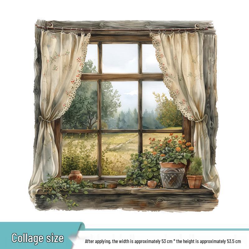 Forest-style Bedroom Sofa Wall Stickers: Window, Plants, Flowers, Cat Mural Decoration