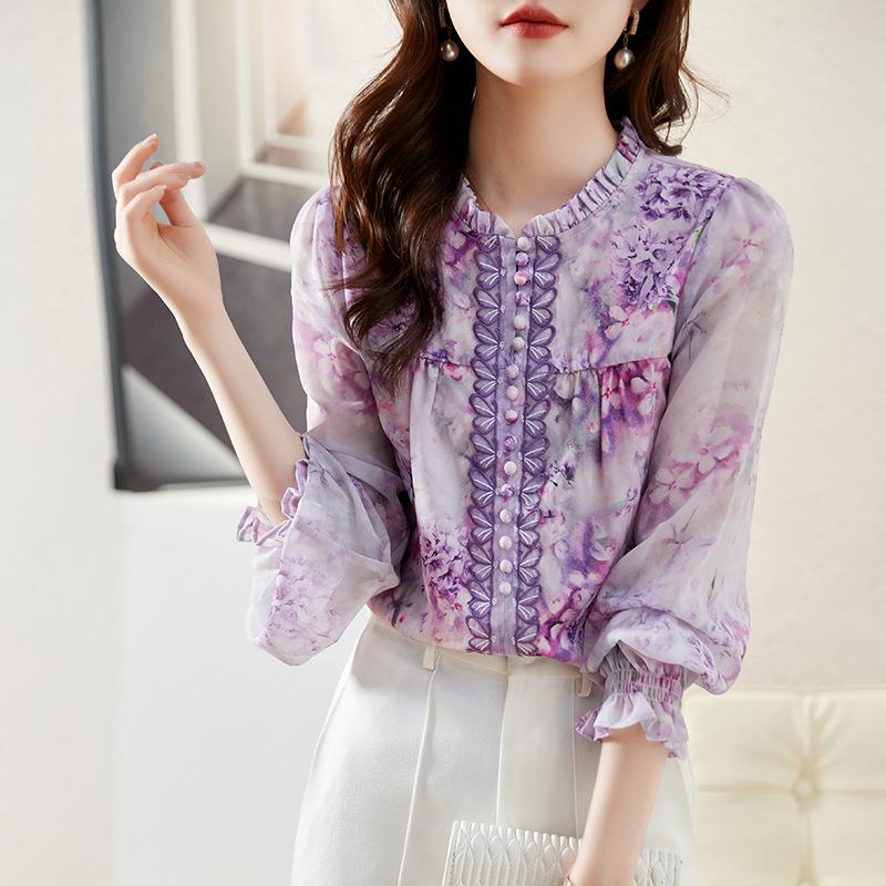 New Korean Style Spring and Summer Style Thin Style, Slim and Fashionable Heavy Industry Printed Lantern Long-sleeved Shirt for Women