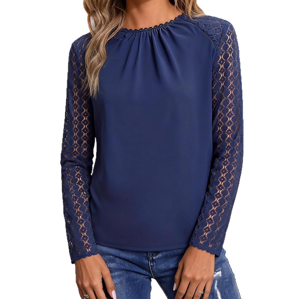 Autumn European and American Style Round Neck Shoulder Sleeve Lace Splicing Shirt Temperament Elegant Commuter Top
