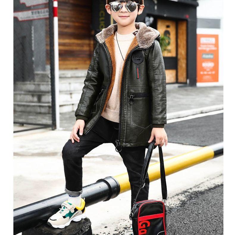 Lässige Jungen-Lederjacke mit Fleecefutter für Herbst/Winter – Mittellange, verdickte Kinderjacke