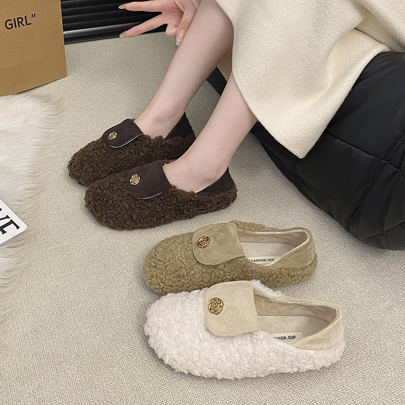 French Flat-soled Lamb Wool Shoes Women's Shoes Wear 2025 New Autumn and Winter Velvet Cotton Shoes Soft-soled Beanie Shoes