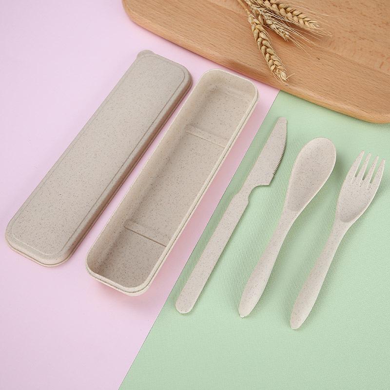 

Three-piece Set Wheat Tableware Wheat Straw Portable Cutlery Box Set Plastic Cutlery Students Children Office Workers хакі