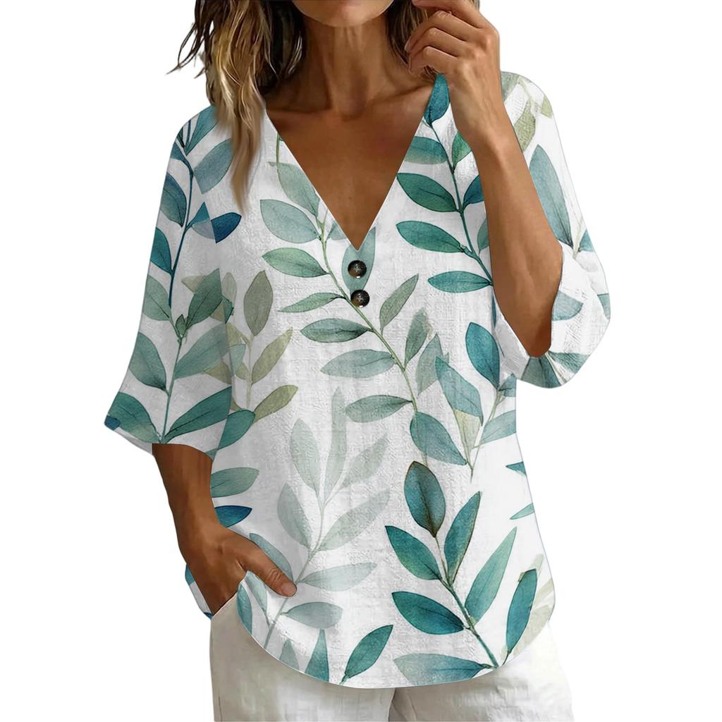 Women V Neck Vintage Floral Print Loose Fit Short Sleeve T Shirt Linen Blend Casual Summer Top