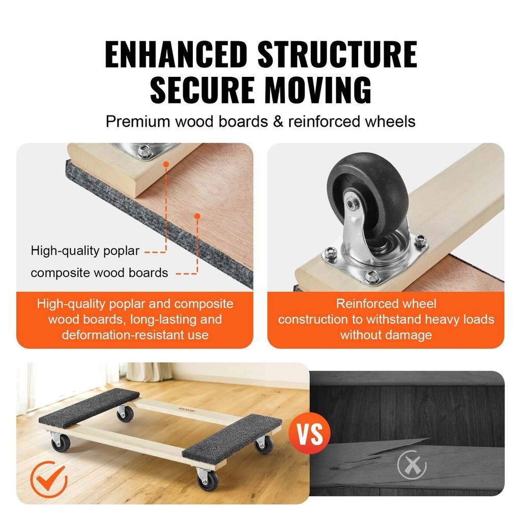 Furniture Dolly, 1000 lbs Load Capacity, 18" x 30", 4 x 3" PP Swivel Casters, Heavy Duty Hardwood Furniture Moving Dolly, Mover's Dolly, Moving Cart