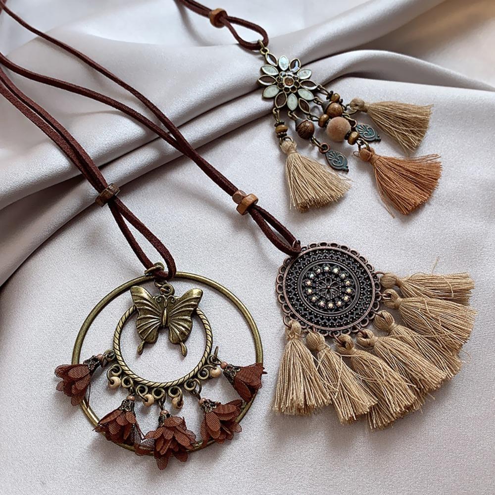 Quasten Lange Pulloverkette Holz Böhmischer Stil Halskette Süße Ethnische Stil Halskette Mädchen Geschenke