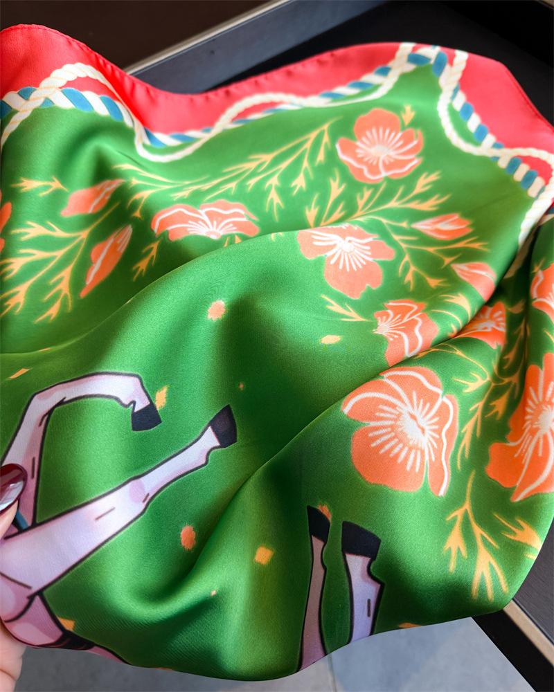 Floral Printed Silk Like Square Scarf For Women Summer Sun Protection