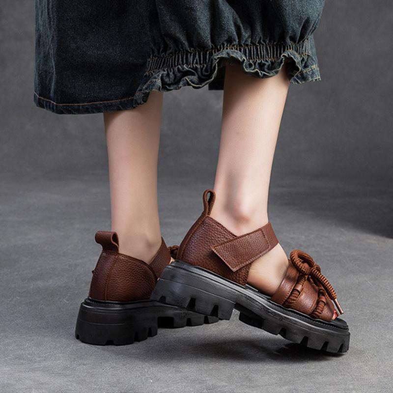 Johnature Versatile Peep Toe Hook & Loop Sandals Retro Genuine Leather Thick Soled Women's Shoes