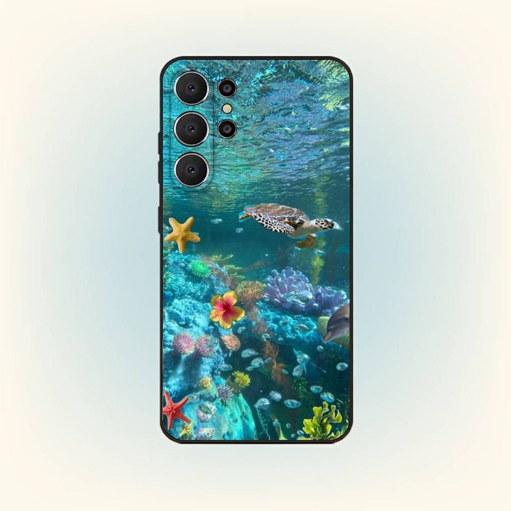 Mořský život Želva Umění Pouzdro na telefon Pro Samsung S25,24,23,22,30,21,10,9,Ultra,Plus,Lite,FE Černé Měkké pouzdro