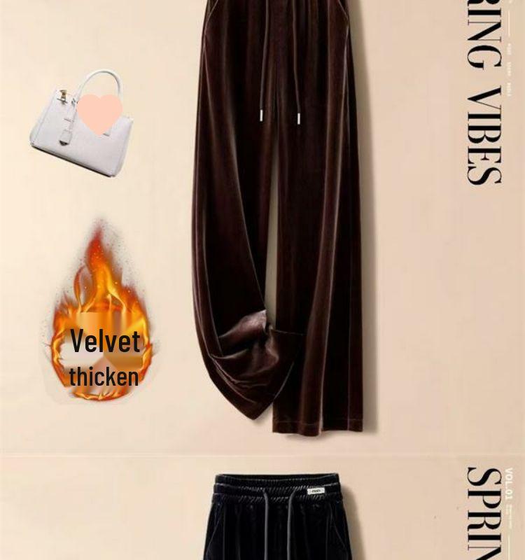 Fleece-Lined Gold Velvet High-Waisted Straight-Leg Pants (2025 Winter Edition)