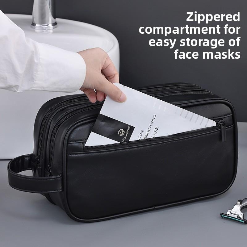 Business Travel Double Layer Mens Wash Bag With Waterproof Pu Material For Commuting And Storage