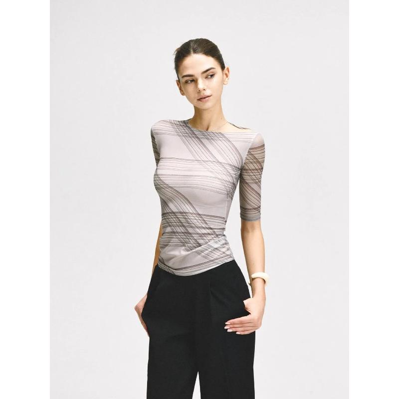 Women s Stretchy Mesh Striped Top Asymmetrical Neck Half Sleeve Slim Tee S бежевый