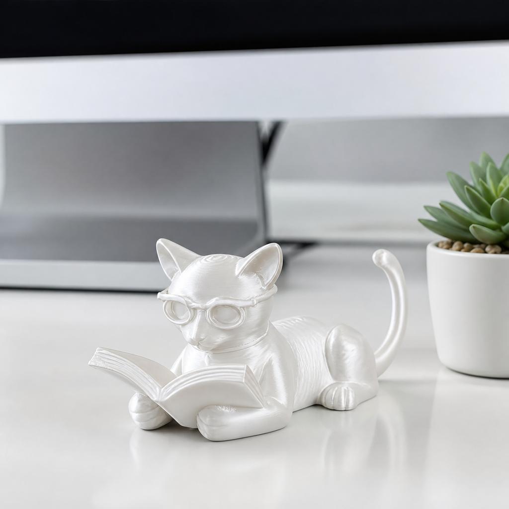 3D Printed Cat Figurine Reading Book Sculpture Modern Decorative Ornament Creative Design for Home Office Desk Decoration and Gift Idea