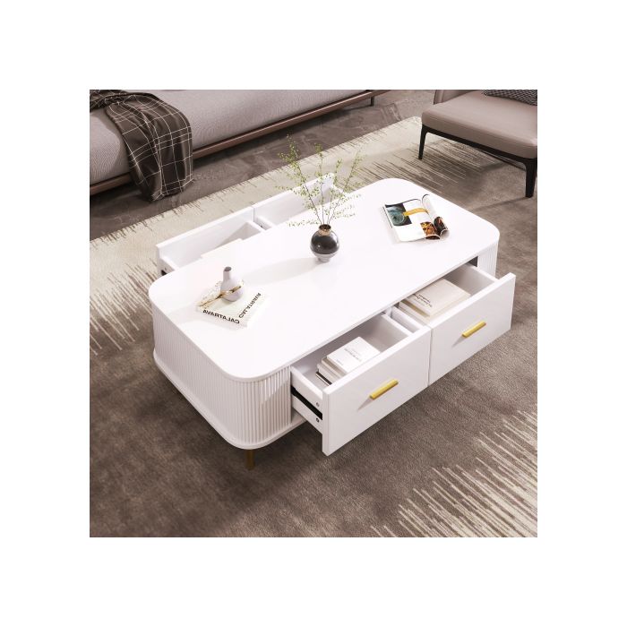 Table basse - MUVOE - Rectangulaire - Blanc et doré - 4 tiroirs - Design contemporain