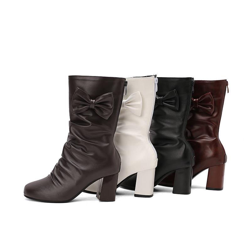 Women's High-heeled Boots Autumn and Winter New Thick-heeled Solid-color Large-size Medium Boots