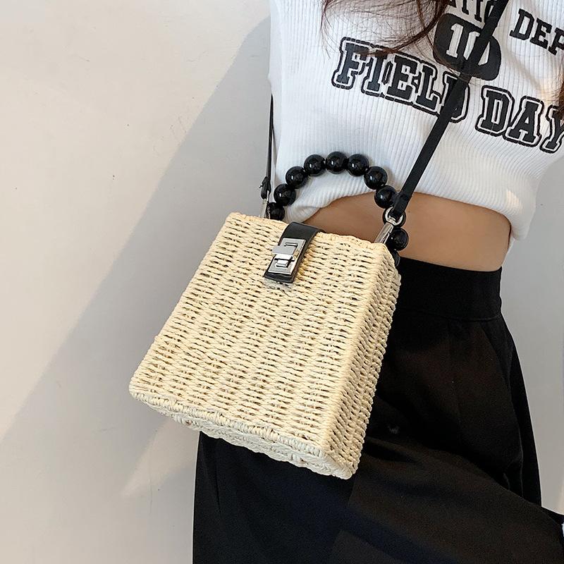 Summer Rattan Small Square Bag Casual Style Beach Bag Handbag Woven Handmade Top-handle Bag Shopping Portable Purse Totes
