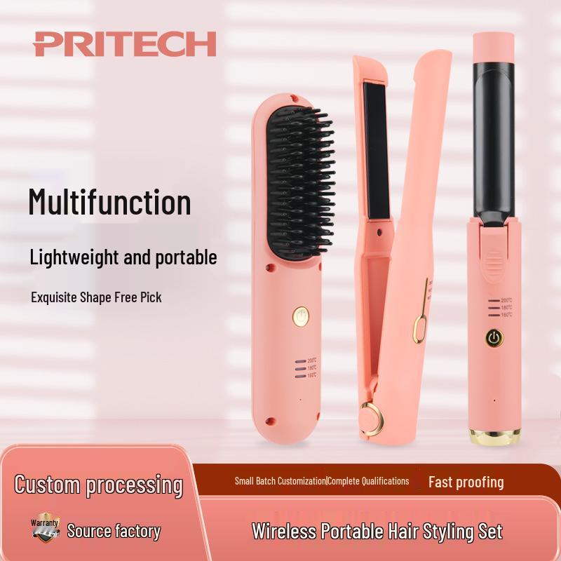 

Wireless Portable 2-in-1 Hair Styling Set: Comb, Curler, Straightener Home Use Wand TB-2113