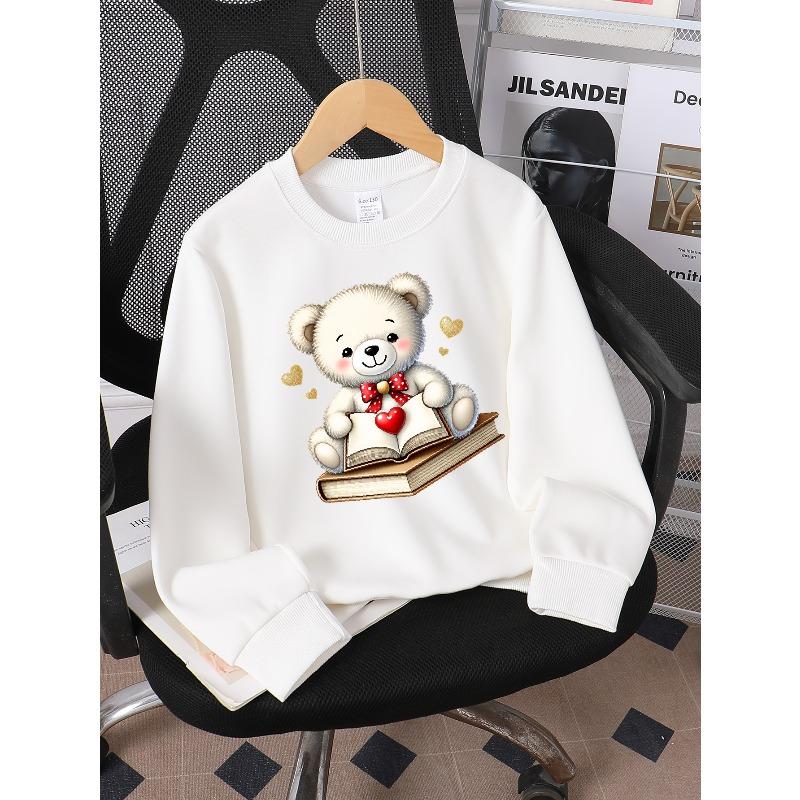 Kids Unisex Crewneck Sweatshirt, Cute White Teddy Bear Reading Books With Red Bow Golden Hearts Cartoon Print Soft Pullover For Kids Over 4 Years Old