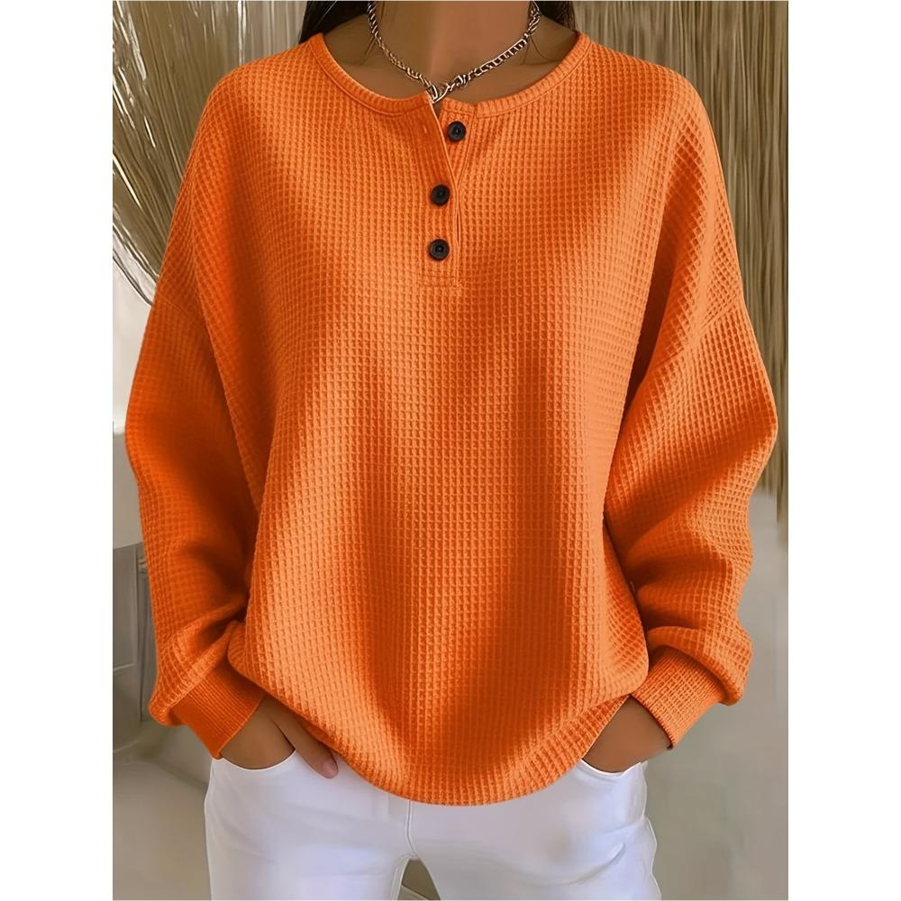 Plus Size Women Waffle Knit Long Sleeve Top, Solid Color Henley Neck Button Loose Pullover, Ladies Casual Daily