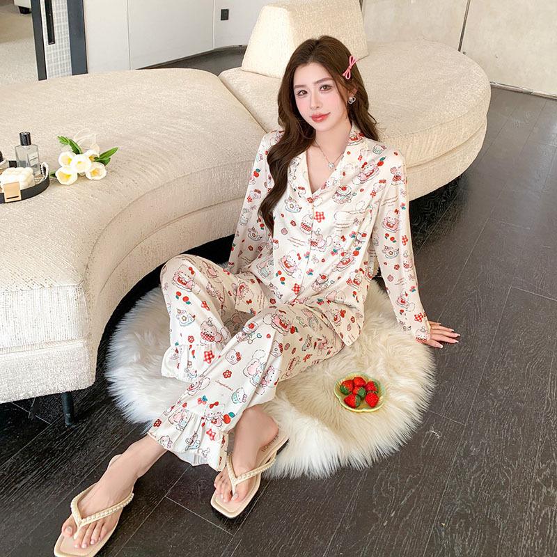 Women's Cartoon Print Ice Silk Pajamas Set, Long Sleeve & Pants, Spring/Summer Loungewear, Trendy Douyin Style, Suitable for Outdoor Wear.
