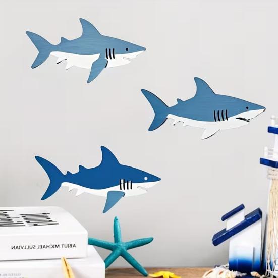 3 Stück Maritime Holzhaie Wanddekoration Strand Küsten Holzhai Wandkunst Rustikale Meeresbewohner Wandskulptur für Wohnzimmer Büro Heimdekoration