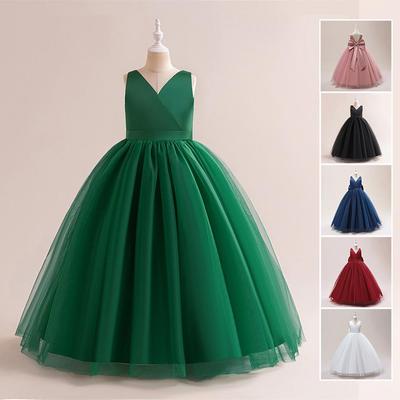 European & American Satin Mesh Girl's Wedding & Birthday Ball Gown with Bow