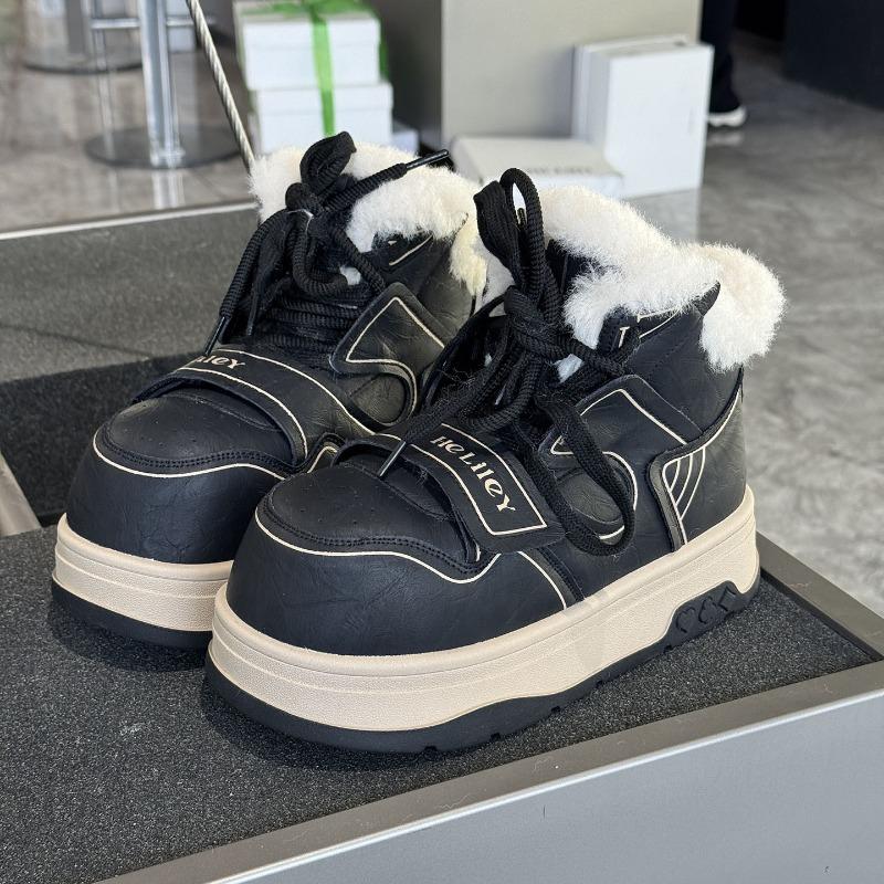 Scarpe alte con plateau, sneakers calde in peluche da donna con lacci, lana ispessita, scarpe grandi alla moda in cotone, stivali da neve vintage