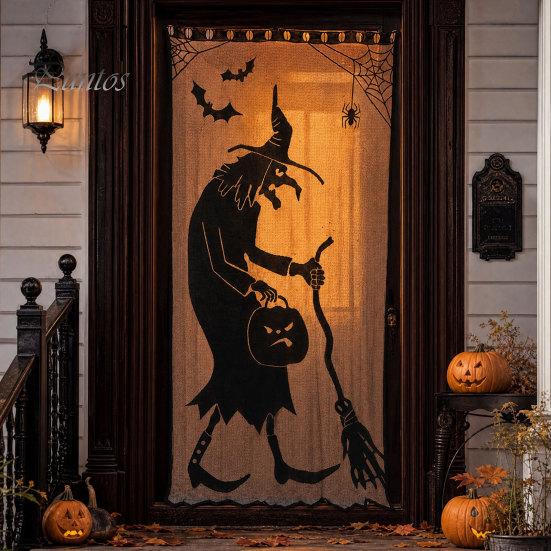 Halloween Party Table Set Door Curtain, Lace Spider Web Fireplace Cover, Scary Skeleton Witch Shrink-resistant Fabric Bat Print Window Drapes for Home