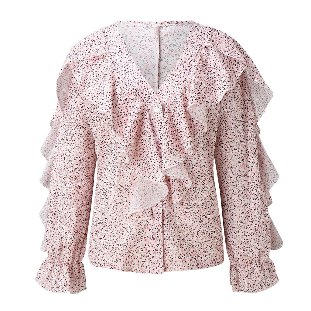 VEZFAA Women's Fashion Casual Spring Autumn Solid Color Print Long Sleeve V-Neck Blouses & Shirts