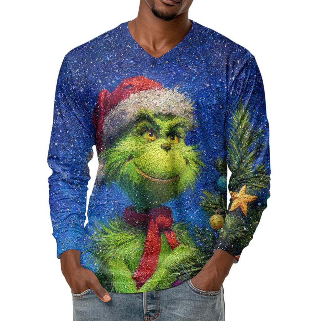 Men's Fashion Printed V-Neck Casual Long-Sleeved T-Shirt Bottoming Shirt Top