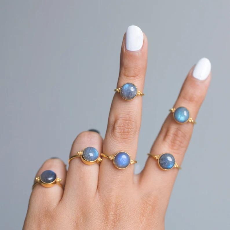 Labradorite Round Gemstone Ring, Solid 925 Sterling Silver Ring, Yellow Gold Ring, Handmade Jewelry, Bohemian Ring, Silver Ring
