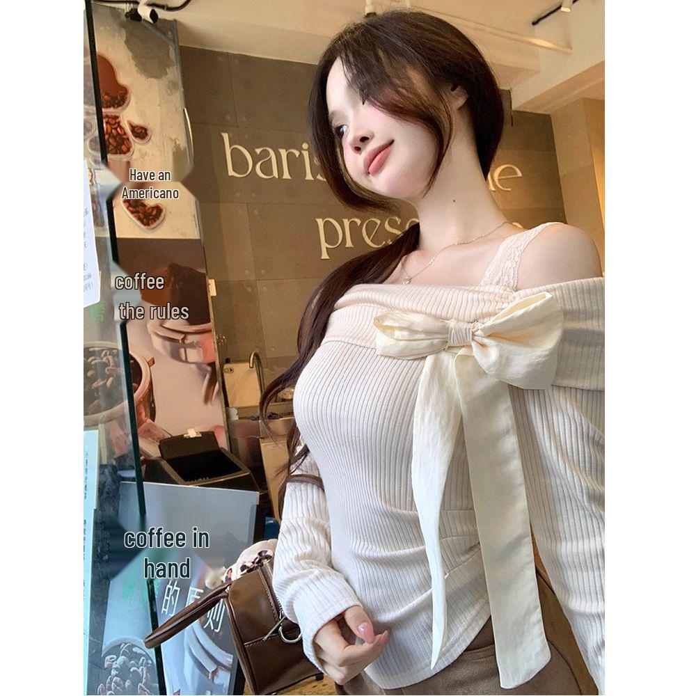 Pure Desire Pink One-Shoulder Bow Lace Top - Sweet & Spicy Autumn/Winter Women's Base Layer