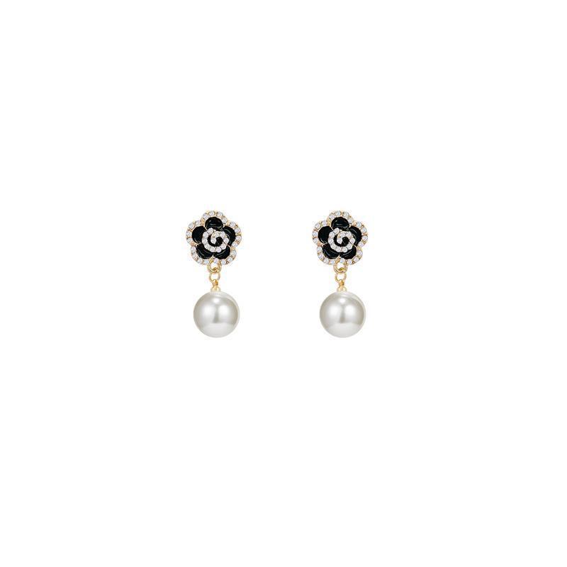 S925 Sterling Silver Camellia Pearl Stud Earrings for Women - Versatile Retro Hong Kong Style Fashion Jewelry.