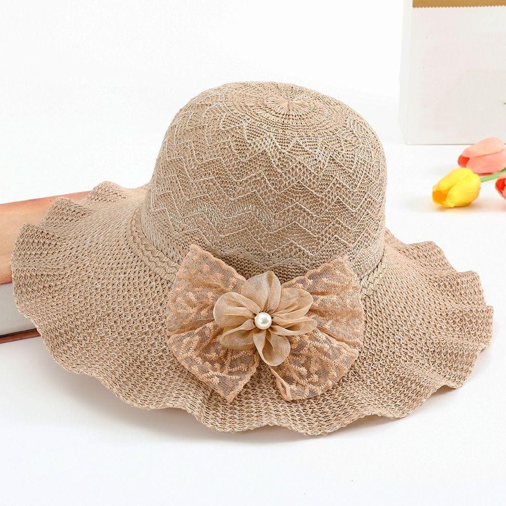 Breathable Wide Brim Straw Hat Adjustable Beach Sun Hat Sweet Ruffle Sun Hat  For Women Girls