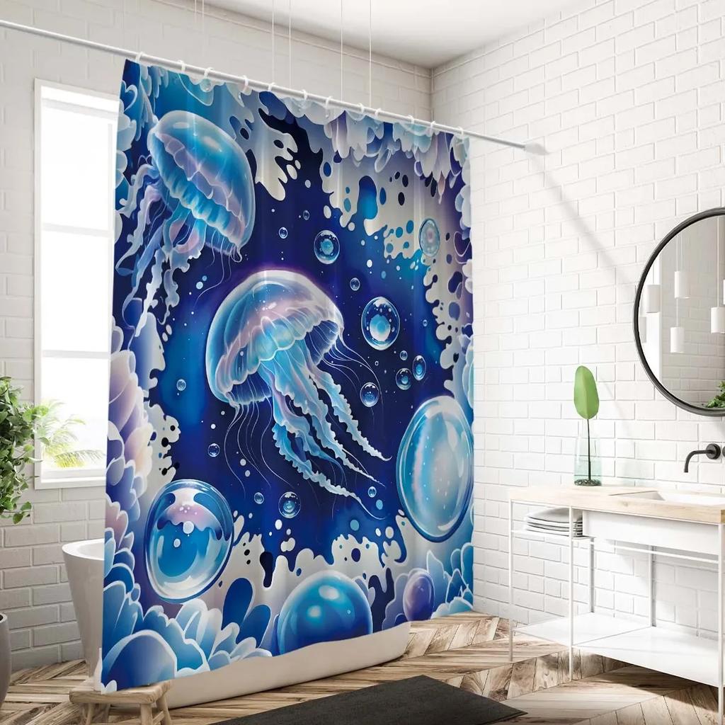 1PC watercolor jellyfish pattern shower curtain, with 12 hooks, for bathroom shower, fashionable bathroom decoration product