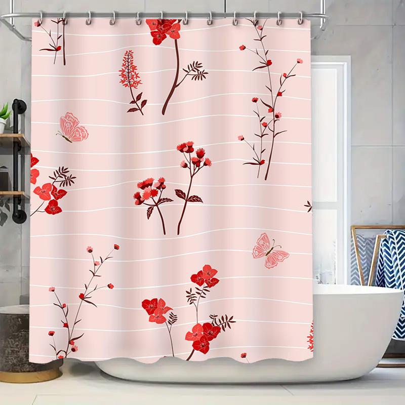 

Elegant Shower Curtains Featuring Red Floral Design With Butterfly Motif For Modern Bathroom Decor Pink Colorful Bath Curtains F 90x180cm