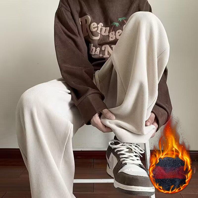 Casual Pants for Men's Autumn and Winter New Style Hong Kong Style Loose Large Size Straight Pants Fashionable Simple Plush Wide-leg Pants