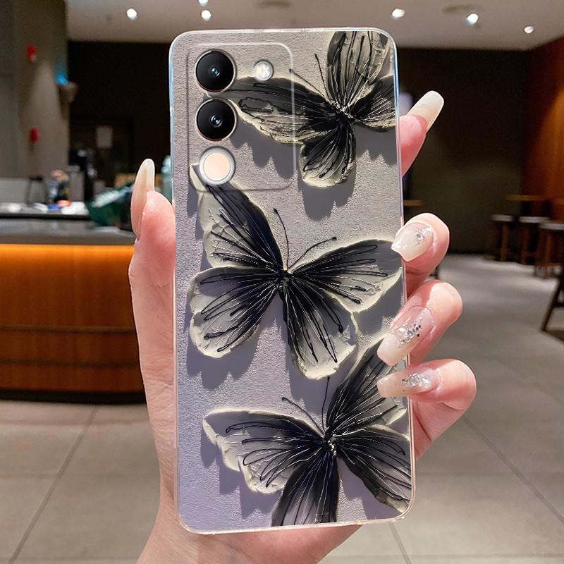 Phone Case For Vivo V29e V27e 5G Slim Soft TPU Cover Clear Silicone Aesthetic Luxury Fashion Butterfly Flowers New Design Case