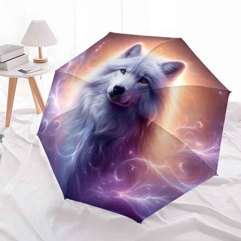 Cute Fluffy Puppy Print Folding Umbrella, Blue Starry Sky Design Compact Sun/Rain Umbrella