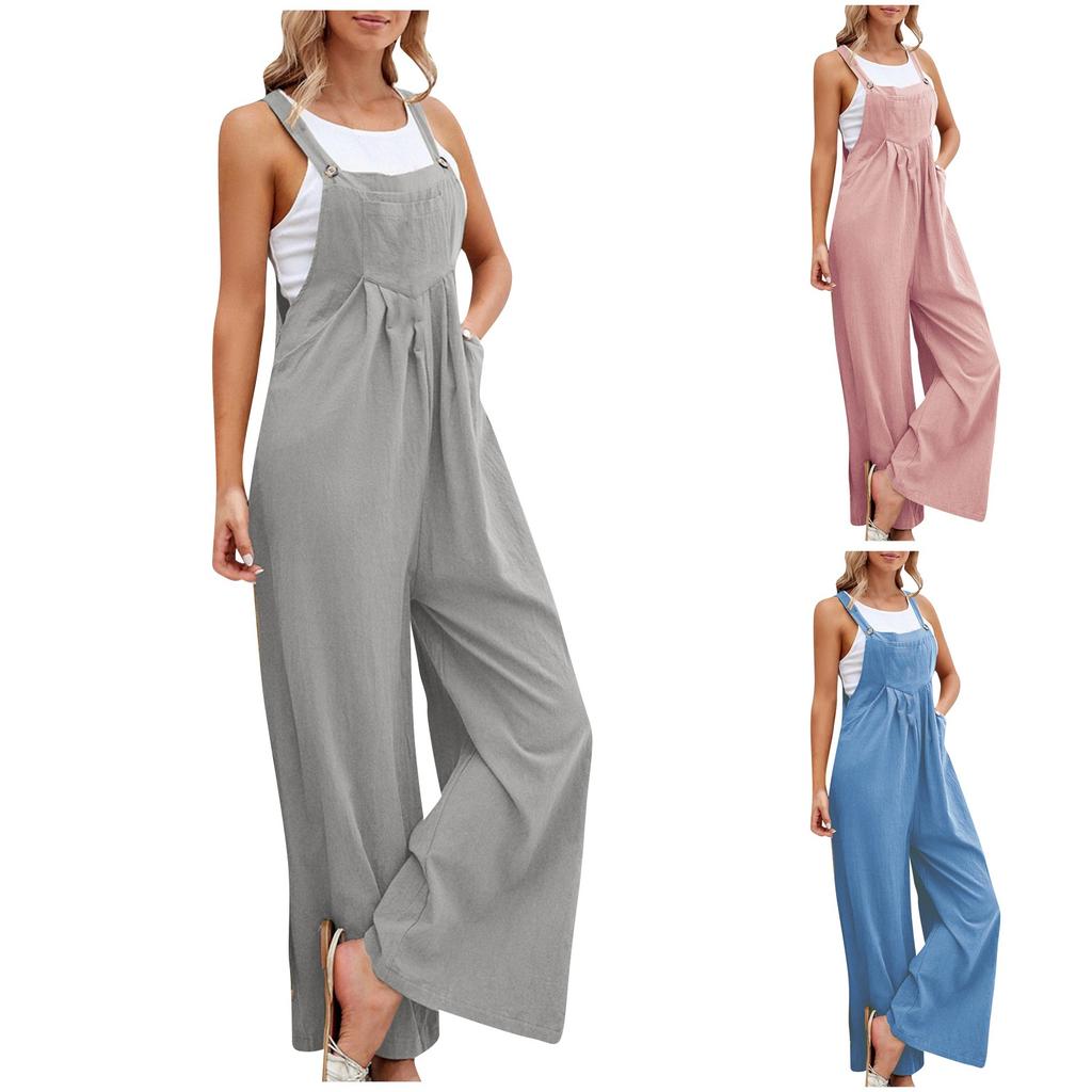 Women's Fashion Casual Loose Sleeveless Vest Square Neck Pleated Wide Leg One-Piece Belt Pocket